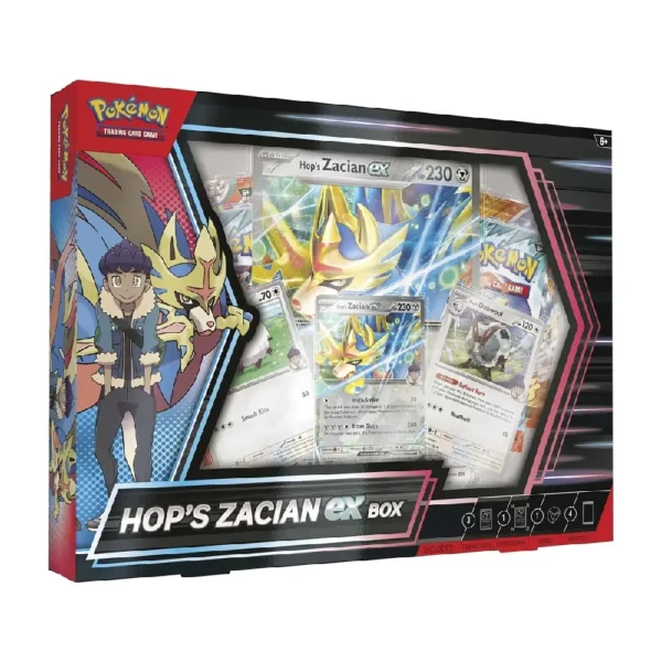 Caja de la Pokémon TCG Hop’s Zacian ex Box en inglés, mostrando la carta oversize de Hop's Zacian ex, la carta promo de Hop's Zacian ex, y las cartas foil de Hop's Wooloo y Hop's Dubwool, así como sobres de expansión