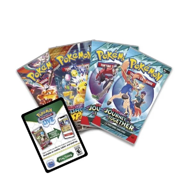 Cuatro sobres de expansión de Pokémon TCG con diferentes artes y una tarjeta de código para Pokémon TCG Live, indicando que son parte de la Hop's Zacian ex Box.