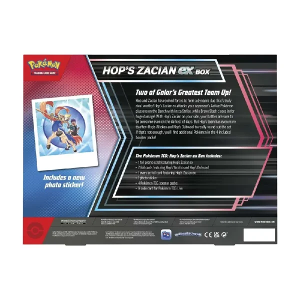 Parte trasera de la caja de la Pokémon TCG Hop’s Zacian ex Box, mostrando la descripción del producto y el contenido (carta promo foil de Hop’s Zacian ex, 2 cartas foil de Hop’s Wooloo y Dubwool, 1 carta oversize foil de Hop's Zacian ex, 1 sticker, 4 sobres, código TCG Live) en inglés.