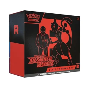 Caja de la Elite Trainer Box de Pokémon TCG Scarlet & Violet Destined Rivals, con diseño principal en negro y rojo, mostrando a Giovanni y Mewtwo, y el logo de Team Rocket "R".