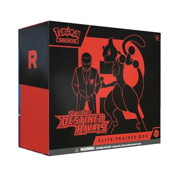 Caja de la Elite Trainer Box de Pokémon TCG Scarlet & Violet Destined Rivals, con diseño principal en negro y rojo, mostrando a Giovanni y Mewtwo, y el logo de Team Rocket "R".