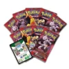 Nueve sobres de la expansión Pokémon TCG Scarlet & Violet Destined Rivals con varios artes de Entrenadores y Pokémon (como Giovanni y Mewtwo), junto a una tarjeta de código para Pokémon TCG Live.