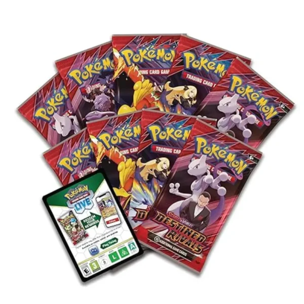 Nueve sobres de la expansión Pokémon TCG Scarlet & Violet Destined Rivals con varios artes de Entrenadores y Pokémon (como Giovanni y Mewtwo), junto a una tarjeta de código para Pokémon TCG Live.