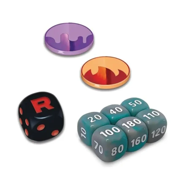 Accesorios de juego de la Elite Trainer Box de Destined Rivals: seis dados de contador de daño con números (20 a 180), un dado para voltear moneda con el logo "R" de Team Rocket, y dos marcadores de condición de plástico