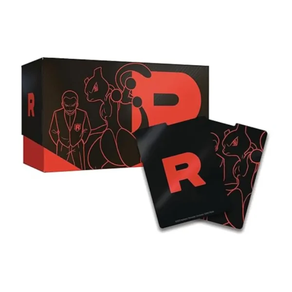 Caja de coleccionista de la Elite Trainer Box de Destined Rivals con diseño de Mewtwo y Giovanni, acompañada de un par de divisores de cartas con el logo "R" de Team Rocket, para organizar las cartas