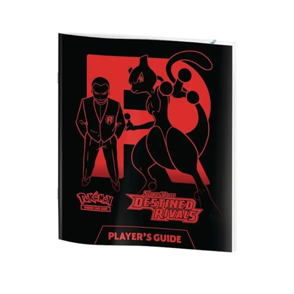 La guía del jugador de la expansión Pokémon TCG Scarlet & Violet Destined Rivals, mostrando en su portada el arte de Mewtwo y Giovanni sobre un fondo negro y rojo, con el logo "Player's Guide"