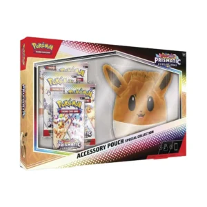 Caja de la Pokémon TCG Scarlet & Violet Prismatic Evolutions Accessory Pouch Special Collection en español, mostrando el estuche de Eevee y los sobres de la expansión Prismatic Evolutions.