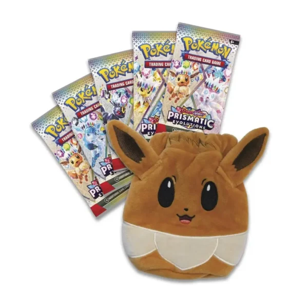 Contenido de la Pokémon TCG Scarlet & Violet Prismatic Evolutions Accessory Pouch Special Collection: un estuche de accesorios de Eevee y cinco sobres de la expansión Prismatic Evolutions