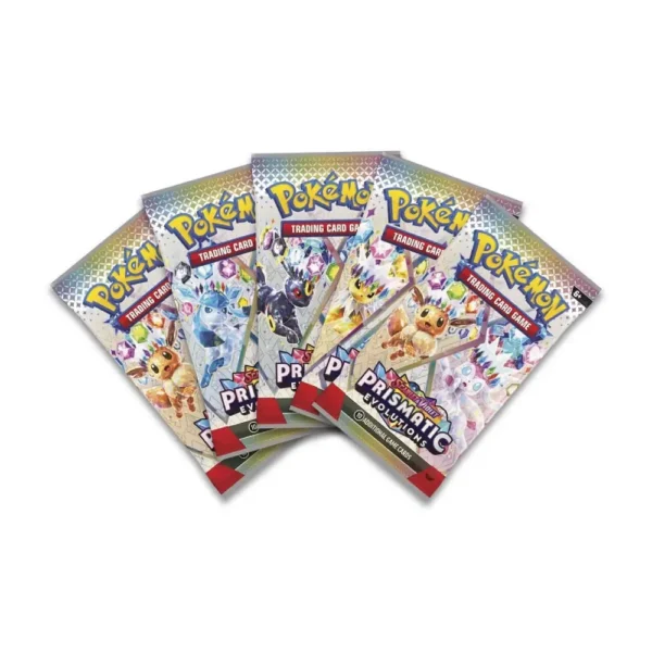 Cinco sobres de la expansión Pokémon TCG Scarlet & Violet Prismatic Evolutions con diseños de Eevee y sus evoluciones, con texto en español