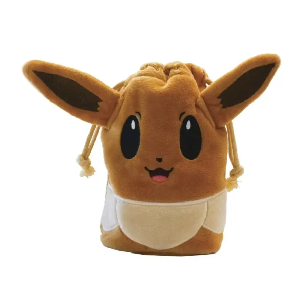 Primer plano del suave estuche de accesorios de Eevee, mostrando su diseño detallado y el cierre de cordón, ideal para coleccionables de Pokémon