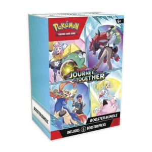 Caja frontal del Pokémon TCG Scarlet & Violet Journey Together Booster Bundle en español, mostrando ilustraciones de Bellibolt ex de Iono, Zoroark ex de N, Zacian ex de Hop y Clefairy ex de Lillie, con el logo "Journey Together" y la indicación de 6 sobres