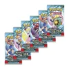 Seis sobres individuales de la expansión Pokémon TCG Scarlet & Violet Journey Together, mostrando diversas ilustraciones de Pokémon y Entrenadores como Bellibolt, Zoroark, Zacian y Clefairy, con el nombre de la expansión claramente visible.