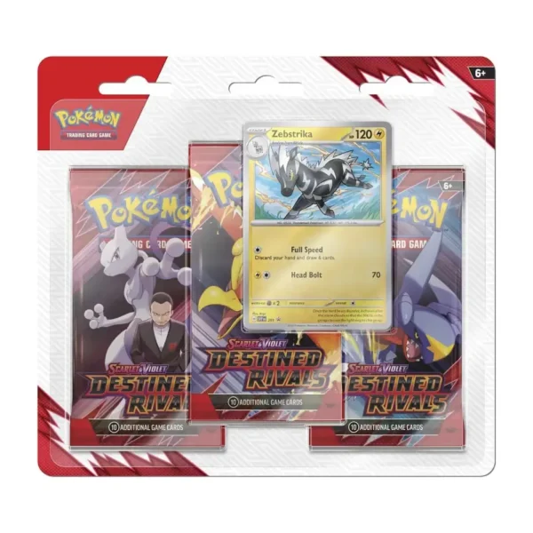 Blister Scarlet & Violet: Destined Rivals con carta promocional foil de Zebstrika y 3 sobres en inglés