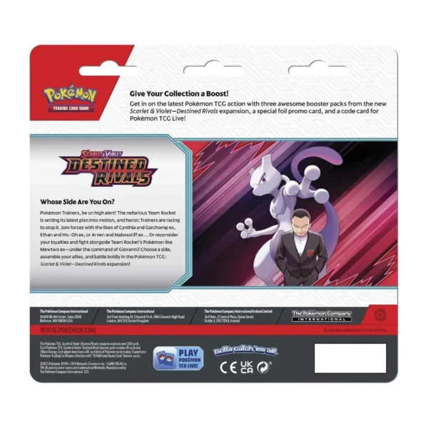 Parte trasera del producto Pokémon TCG Scarlet & Violet: Destined Rivals con descripción de la expansión y arte de Giovanni y Mewtwo