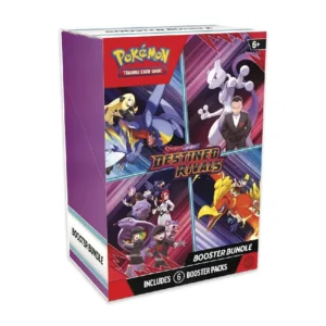Caja Booster Bundle de Scarlet & Violet: Rivales Destinados con ilustraciones de Garchomp, Mewtwo, Ho-Oh y el Team Rocket.