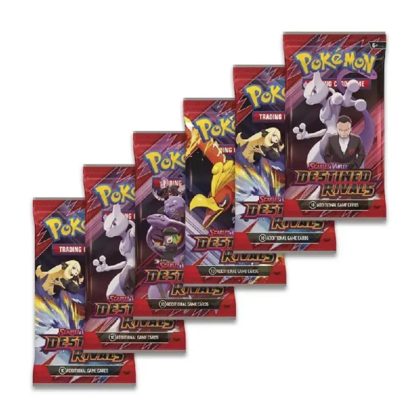 Seis sobres individuales de la expansión Scarlet & Violet: Rivales Destinados, incluidos en el Booster Bundle Pokémon TCG.