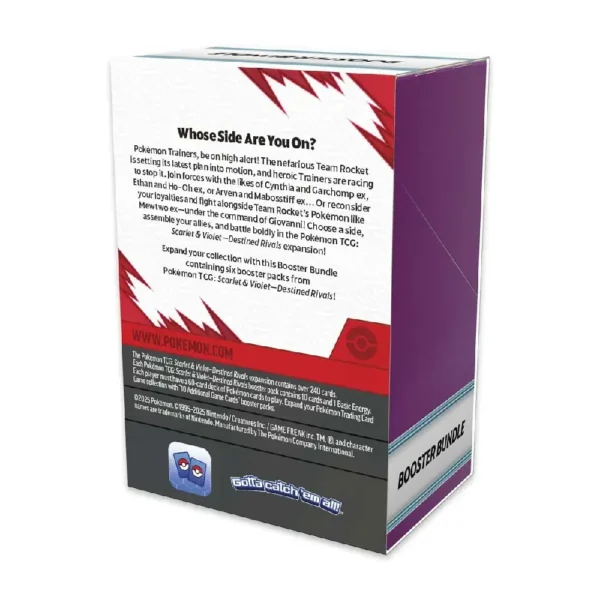 Vista lateral de la caja Booster Bundle de Scarlet & Violet: Rivales Destinados con descripción del producto y arte de Mewtwo y Giovanni.