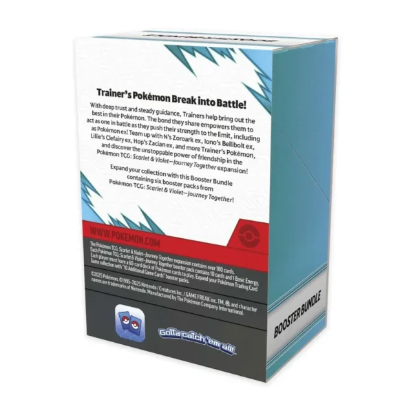 Parte trasera de la caja del Pokémon TCG Scarlet & Violet Journey Together Booster Bundle, mostrando la descripción del producto en inglés y la información de contenido de los sobres y la expansión.