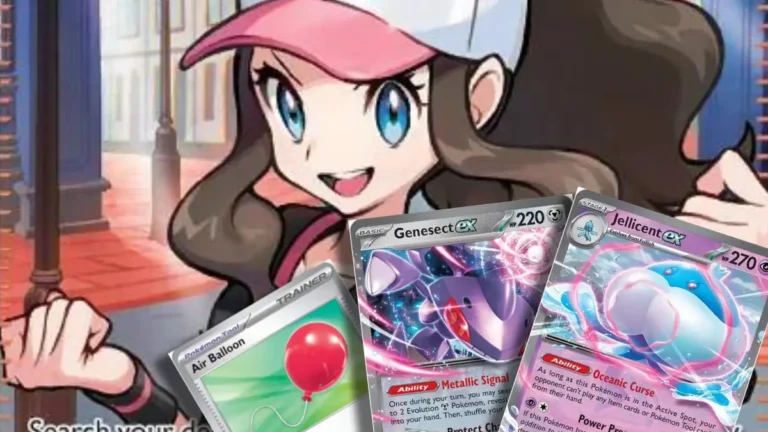 Entrenadora Hilda con las cartas de Air Balloon, Genesect ex y Jellicent ex de la expansión Black Bolt & White Flare del JCC Pokémon