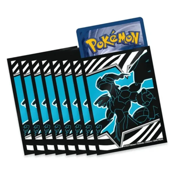 Protectores de cartas Pokémon con diseño negro y azul de Zekrom, parte de la colección Black Bolt