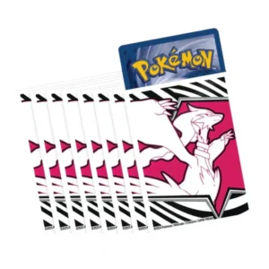 Protectores de cartas Pokémon con diseño blanco y fucsia de Reshiram, parte de la colección White Flare