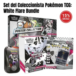 Imagen del Set del Coleccionista Pokémon TCG que incluye el White Flare Booster Bundle, una Mini Tin de Unova, la Unova Poster Collection y la Tech Sticker Collection, con un distintivo del 15% de descuento.