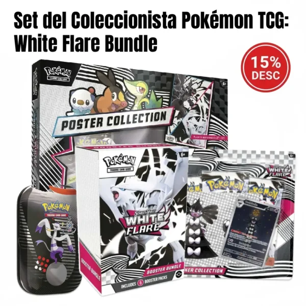 Imagen del Set del Coleccionista Pokémon TCG que incluye el White Flare Booster Bundle, una Mini Tin de Unova, la Unova Poster Collection y la Tech Sticker Collection, con un distintivo del 15% de descuento.