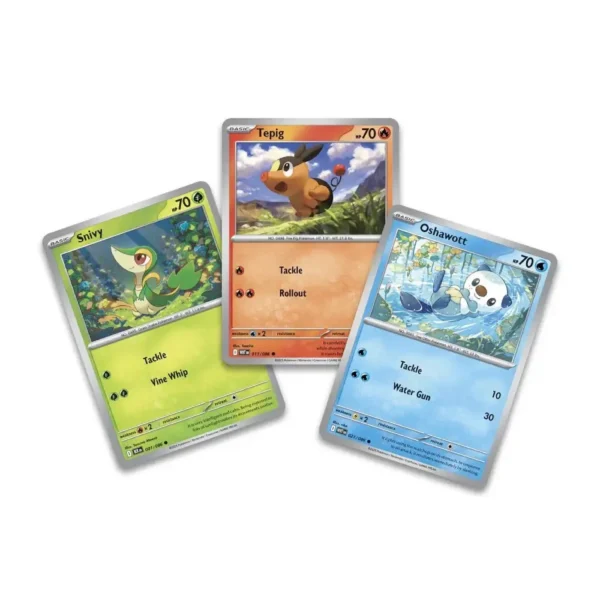Cartas promocionales holográficas de Snivy, Tepig y Oshawott incluidas en la colección Unova Poster Collection