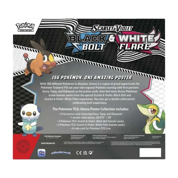 Descripción oficial en inglés del contenido de la colección Unova Poster Collection, con arte de Snivy, Tepig y Oshawott
