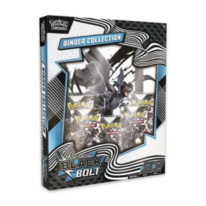 Vista frontal del empaque oficial de la colección Black Bolt Binder de Pokémon TCG, con carpeta temática y sobres incluidos