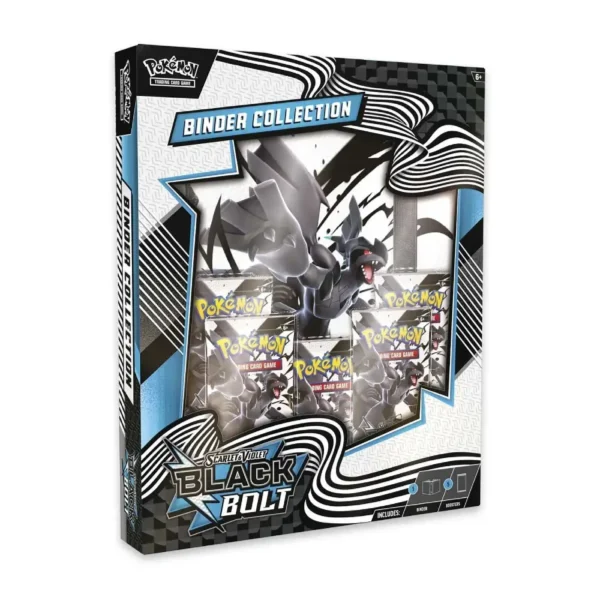 Vista frontal del empaque oficial de la colección Black Bolt Binder de Pokémon TCG, con carpeta temática y sobres incluidos