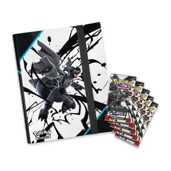 Carpeta temática de Zekrom junto a los 5 sobres de expansión Scarlet & Violet – Black Bolt
