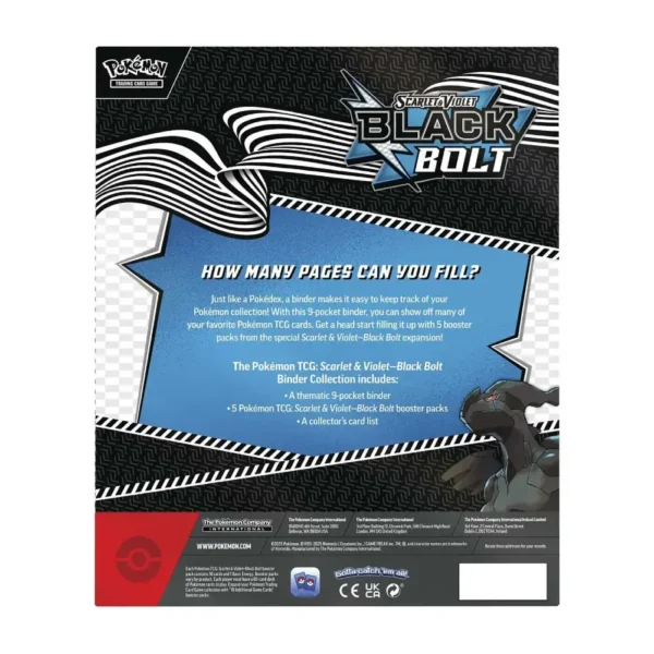 Información en inglés del contenido de la colección Black Bolt Binder con diseño gráfico de Zekrom