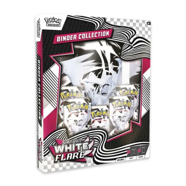 Vista frontal del empaque oficial de la colección White Flare Binder de Pokémon TCG, con carpeta temática y sobres incluidos