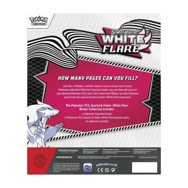 Información en inglés del contenido de la colección White Flare Binder con diseño gráfico e ilustración de Reshiram