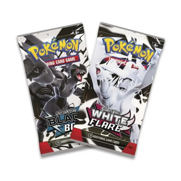 Dos sobres de cartas de Pokémon TCG, uno de Scarlet & Violet: Black Bolt y otro de White Flare