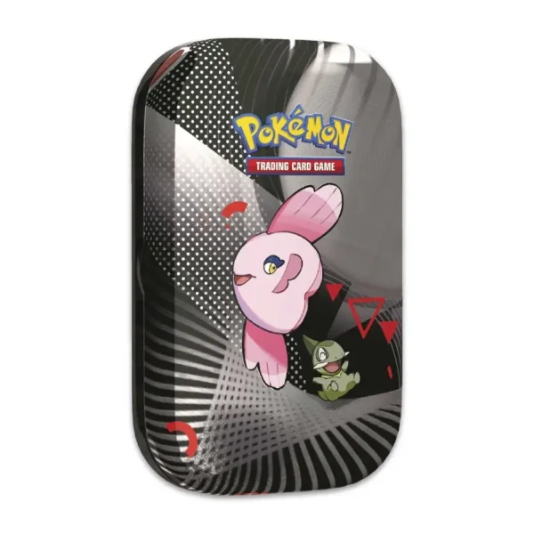 Lata metálica con arte de Alomomola y Axew, parte de la colección Unova Mini Tin