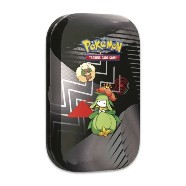 Mini lata de Pokémon TCG con diseño de Lilligant y Whimsicott en tonos verdes y negros