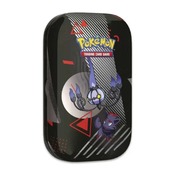 Lata metálica coleccionable de Pokémon TCG con ilustración de Chandelure y Zorua