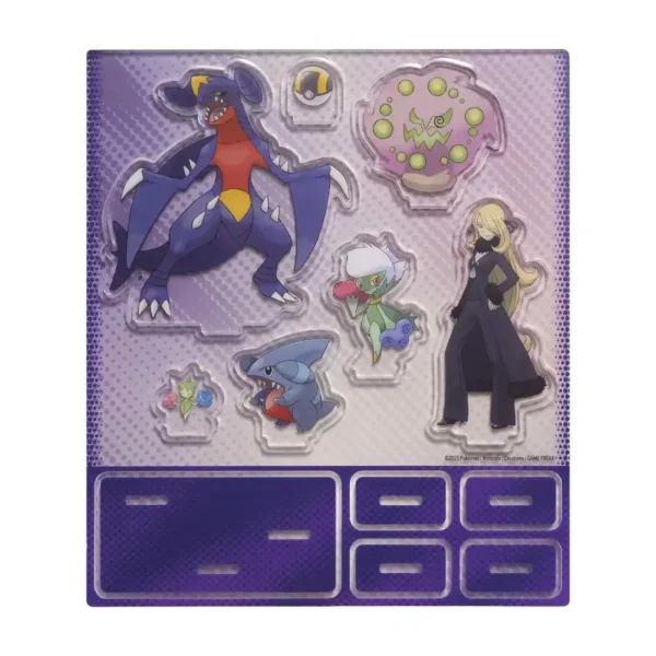 Hoja de standees acrílicos de Cynthia, Garchomp, Spiritomb y más.