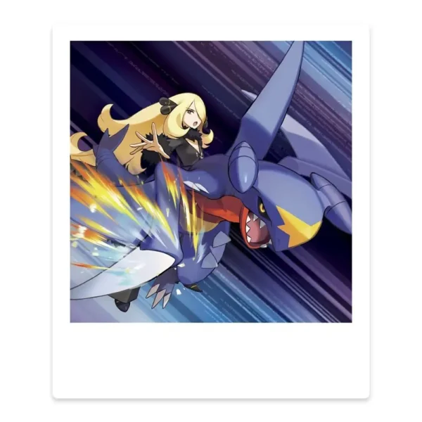 Cynthia junto a Garchomp ex atacando en un fondo dinámico.