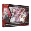 Vista frontal de la caja Team Rocket’s Mewtwo ex con cartas promocionales visibles