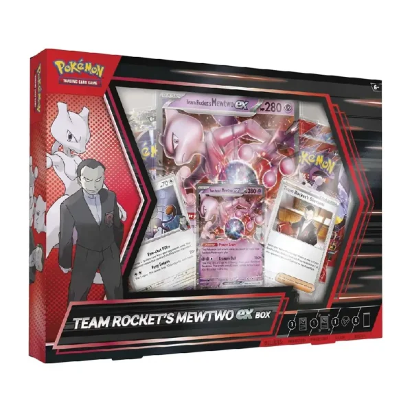 Vista frontal de la caja Team Rocket’s Mewtwo ex con cartas promocionales visibles