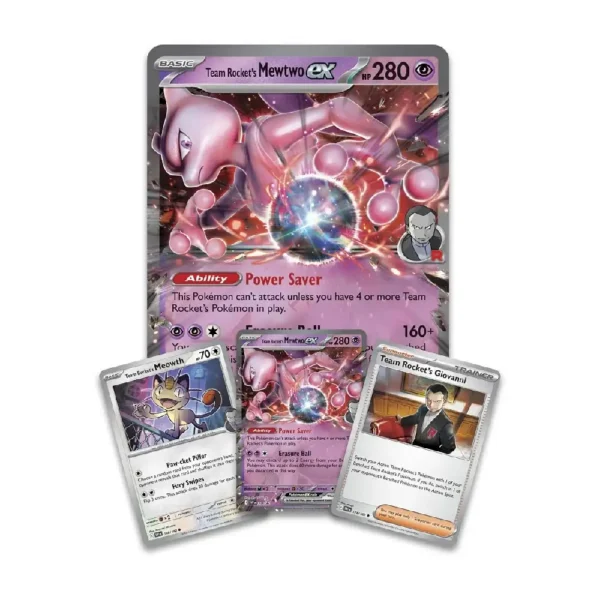 Cartas holográficas de Mewtwo ex, Meowth y Giovanni incluidas en la caja
