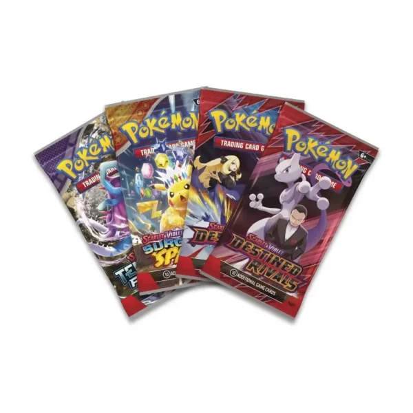 Cuatro sobres variados del Pokémon TCG incluidos en la colección de Mewtwo ex