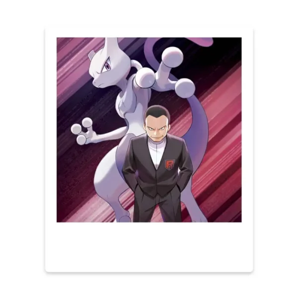 Sticker estilo polaroid con Giovanni y Mewtwo en fondo púrpura