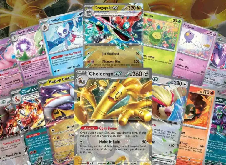 Una colección de cartas de Pokémon TCG, incluyendo Gholdengo ex, Genesect ex, Charizard ex, y Dragapult ex, representando los mazos más fuertes del metajuego actual, con un enfoque en las estrategias de juego para el Campeonato Mundial.