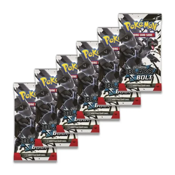 Seis sobres de la expansión Pokémon TCG Scarlet & Violet—Black Bolt, cada uno con 10 cartas y 1 Energía Básica.