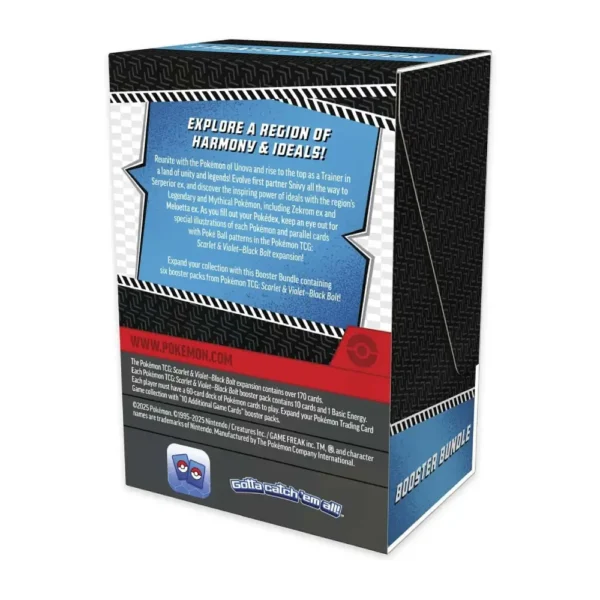 Vista trasera de la caja Pokémon TCG Scarlet & Violet—Black Bolt Booster Bundle con descripción del producto e información de la expansión Black Bolt.