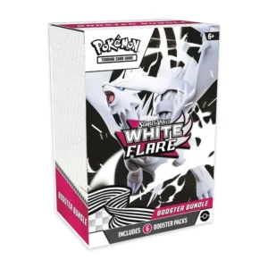 Vista frontal del Pokémon TCG Scarlet & Violet—White Flare Booster Bundle con ilustración de Reshiram y logotipo de la expansión White Flare.